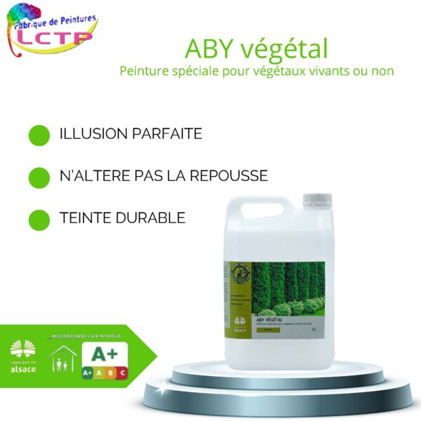 Informations techniques pour la peinture ABY végétal peinture pour plantes et thuyas secs. Redonne une teinte verte homogène en attendant le remplacement des végétaux morts.