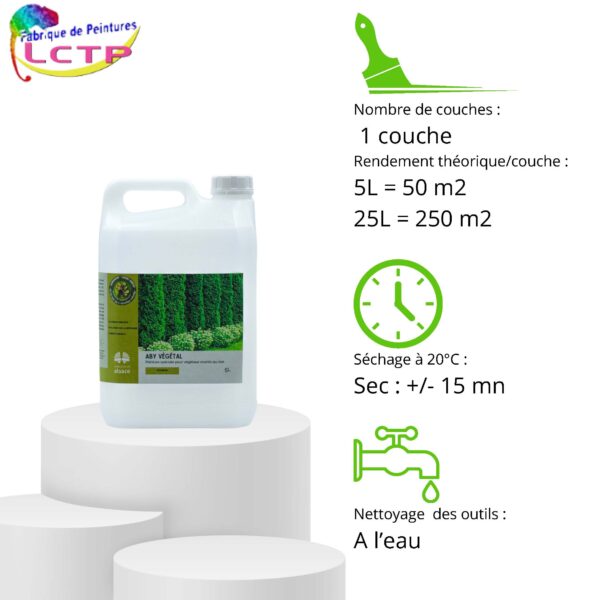 Informations techniques pour la peinture ABY végétal peinture pour plantes et thuyas secs. Redonne une teinte verte homogène en attendant le remplacement des végétaux morts.