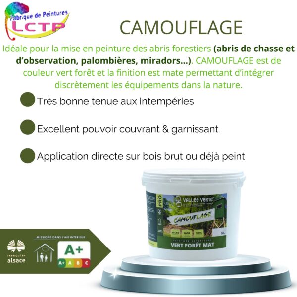Explication des qualités du pot de peinture camouflage pour mirador ou pour la mise en peinture de bâtiments en forêt ou enfin la peinture pour abris forestiers.