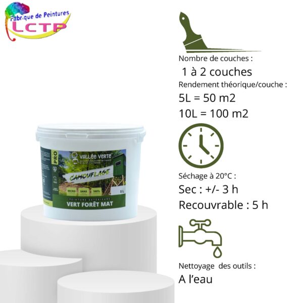 Informations techniques pour le pot de peinture camouflage pour mirador ou pour la mise en peinture de bâtiments en forêt ou enfin la peinture pour abris forestiers