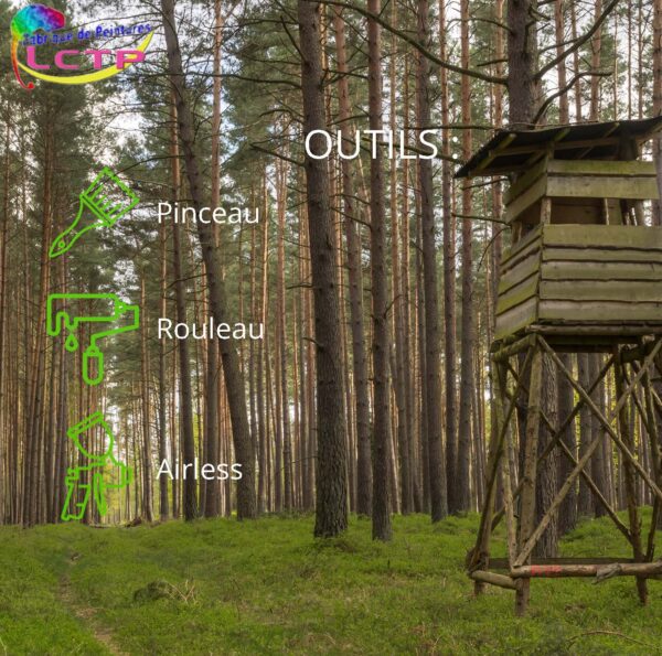 Outils à utiliser avec le pot de peinture camouflage pour mirador ou pour la mise en peinture de bâtiments en forêt ou enfin la peinture pour abris forestiers