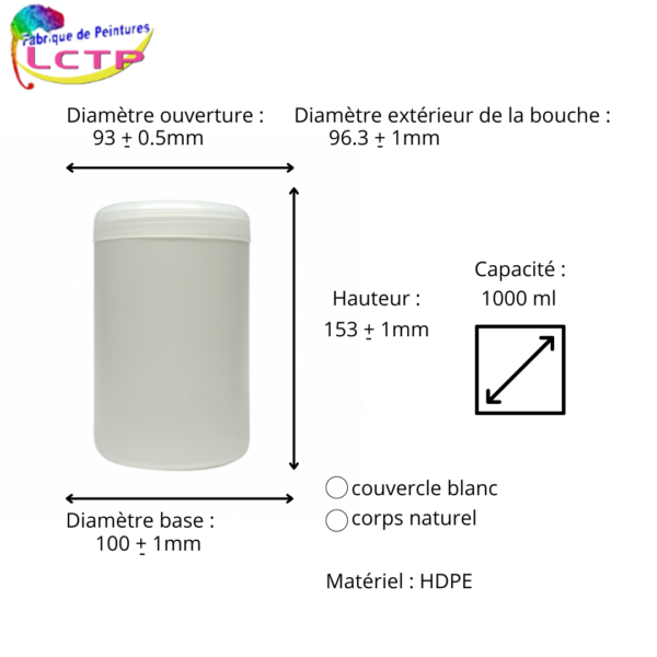 Pot plastique naturel HDPE 1 L + couvercle blanc – Image 2