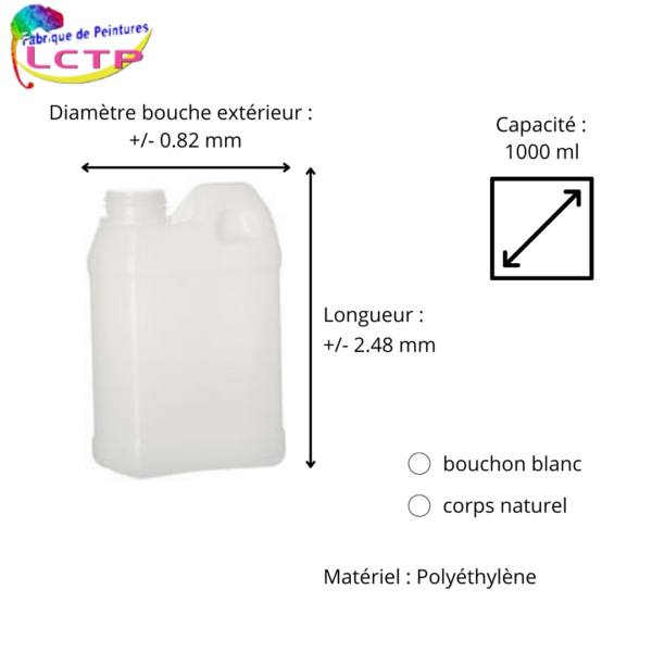 Jerrican naturel 1 L Polyéthylène + bouchon blanc – Image 2