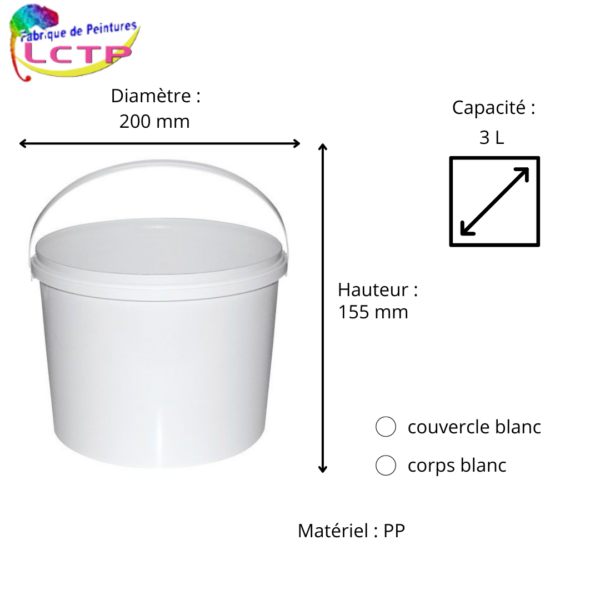 Seau plastique 3L PP + couvercle blanc – Image 2