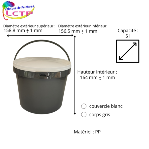 Seau rond gris plastique 5L PP + couvercle blanc – Image 2