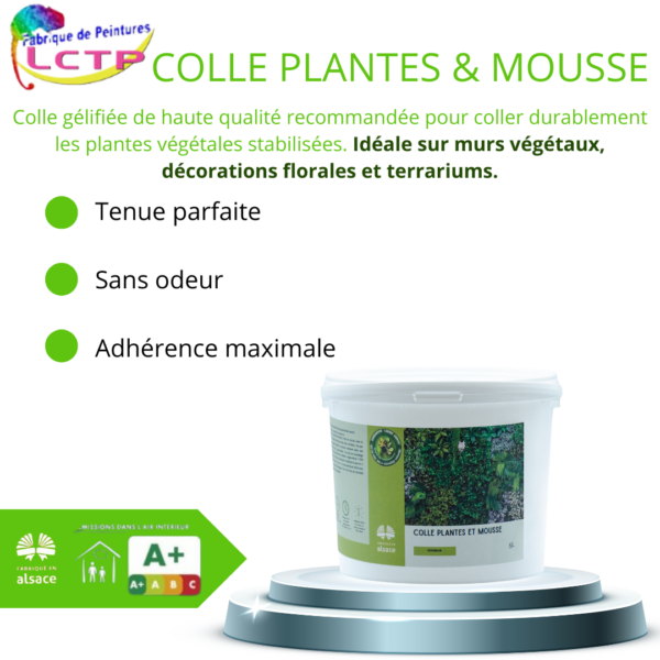 Informations techniques pour la colle professionnelle plantes et mousse pour végétaux stabilisés et décorations végétales.