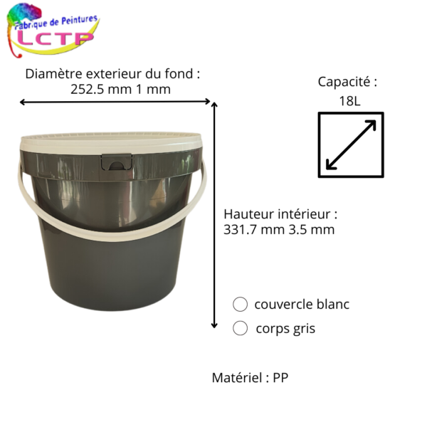 seau rond gris plastique PP 18 L + couvercle blanc – Image 2