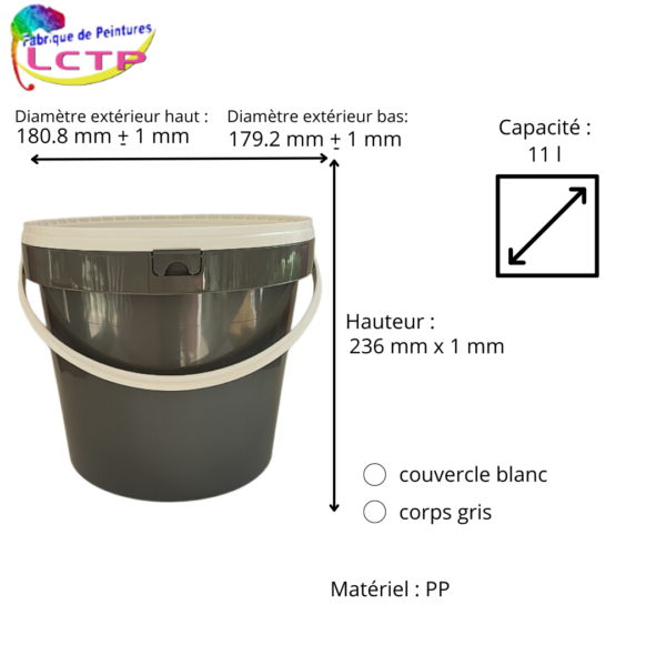 seau rond gris plastique PP 11 L + couvercle blanc – Image 2